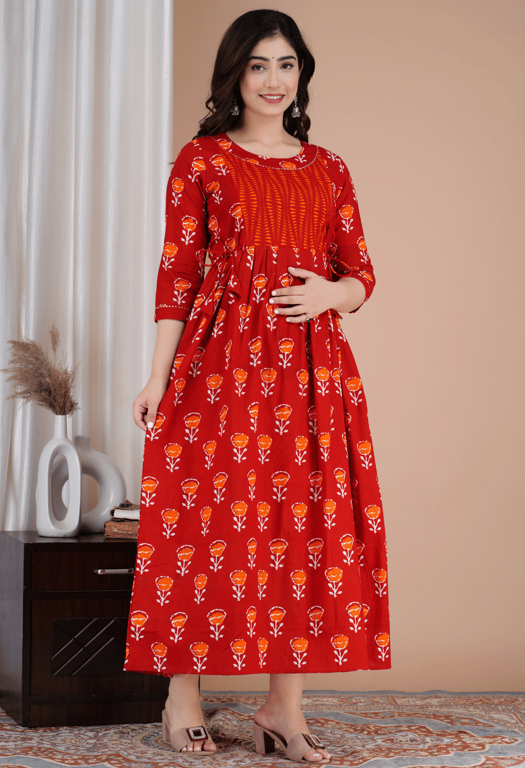 Brick Red Floral Printed Viscose Rayon Maternity & Feeding Maxi Dress Secondary image