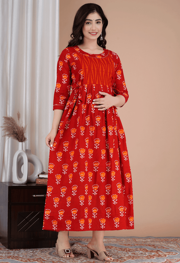Brick Red Floral Printed Viscose Rayon Maternity & Feeding Maxi Dress