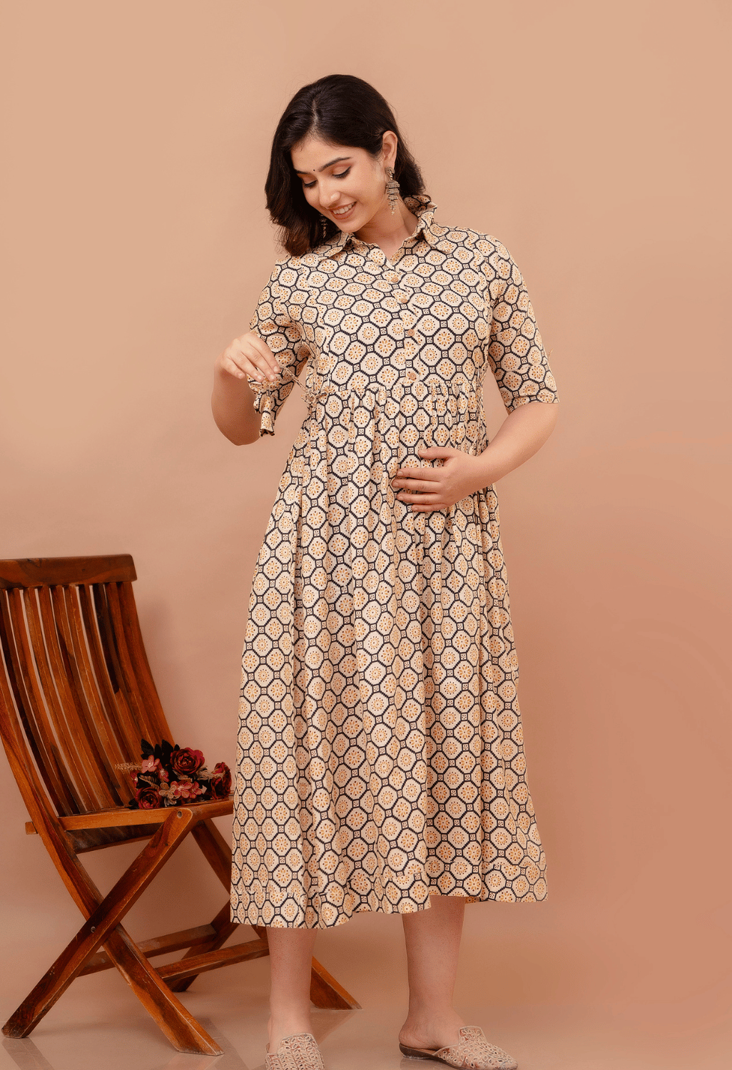 Beige Geometric Hexagon Printed Collared Viscose Rayon Maternity & Feeding Maxi Dress