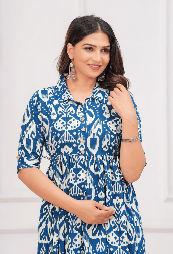 Royal Blue Ikat Printed Collared Viscose Rayon Maternity & Feeding Midi Dress