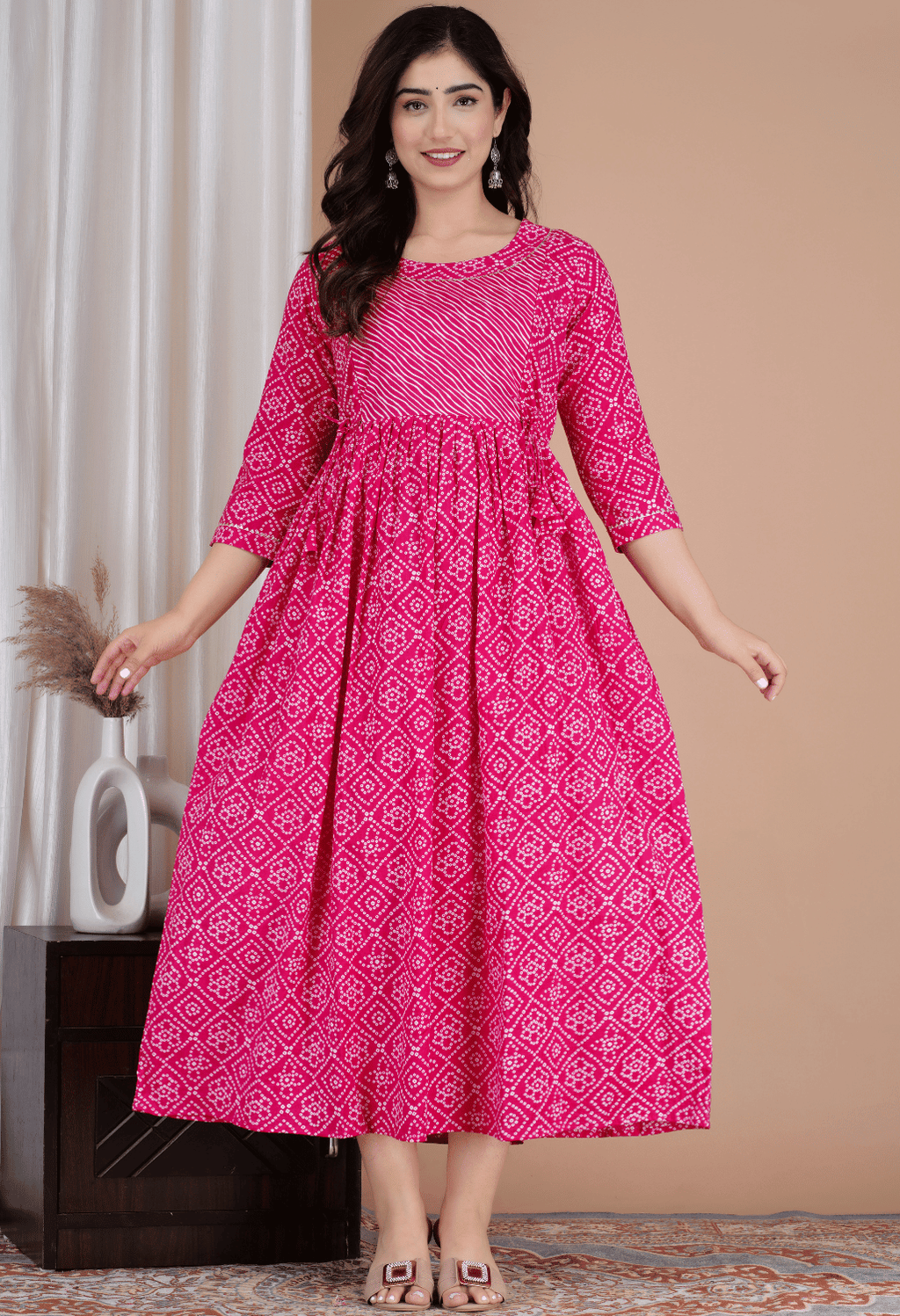 Pink Bandhani Printed Viscose Rayon Maternity & Feeding Maxi Dress