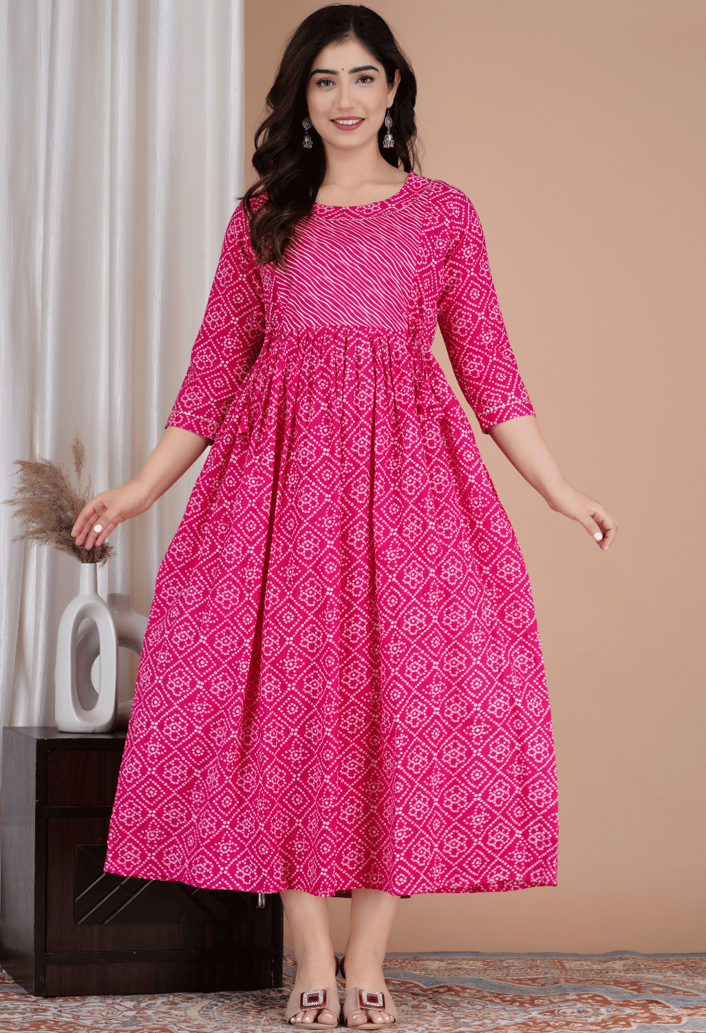 Pink Bandhani Printed Viscose Rayon Maternity & Feeding Maxi Dress
