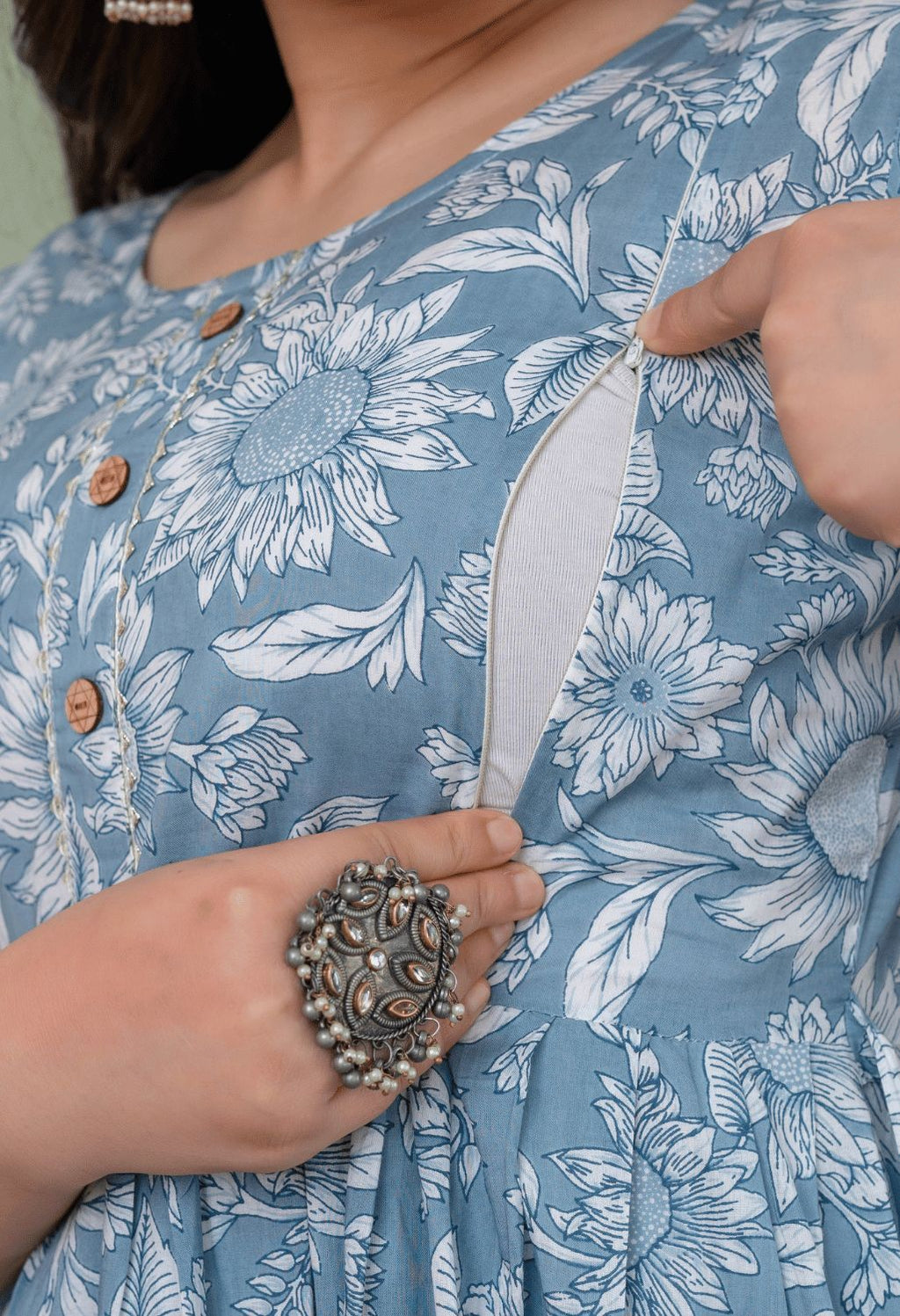Grey Floral Printed Viscose Rayon Maternity & Feeding Maxi Dress