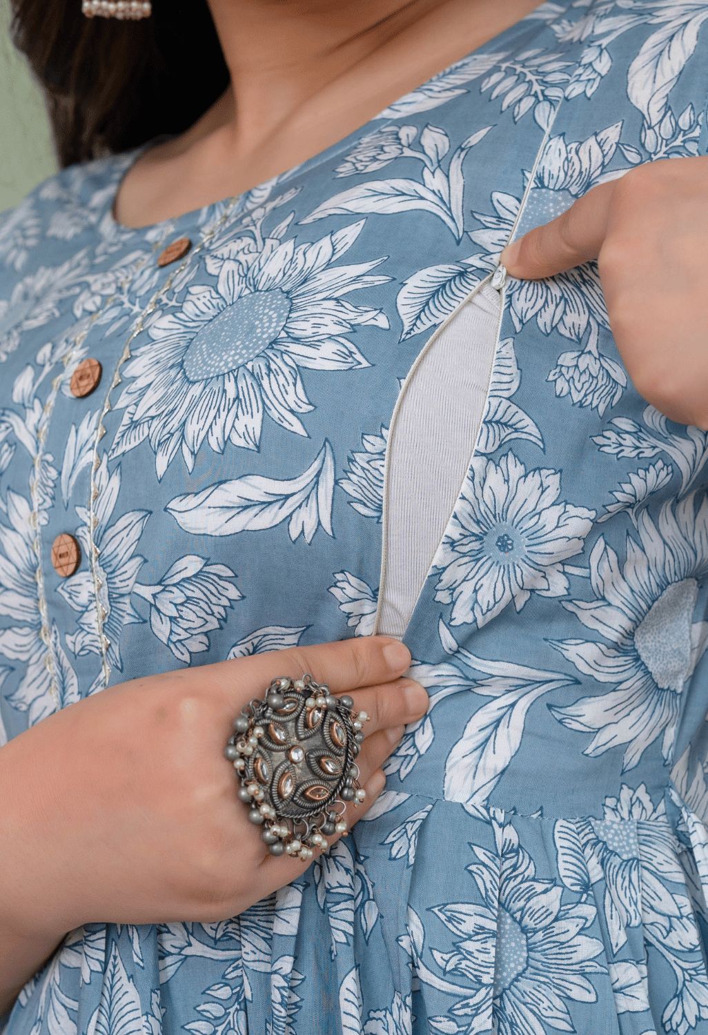 Grey Floral Printed Viscose Rayon Maternity & Feeding Maxi Dress