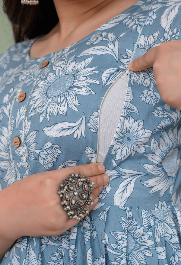 Grey Floral Printed Viscose Rayon Maternity & Feeding Maxi Dress