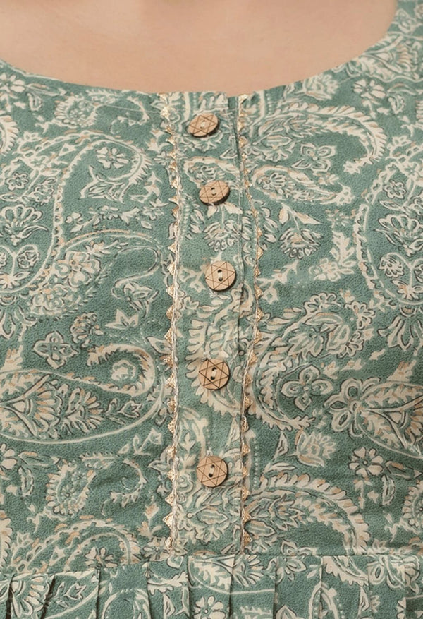 Sage Green Paisley Printed Viscose Rayon Maternity & Feeding Maxi Dress