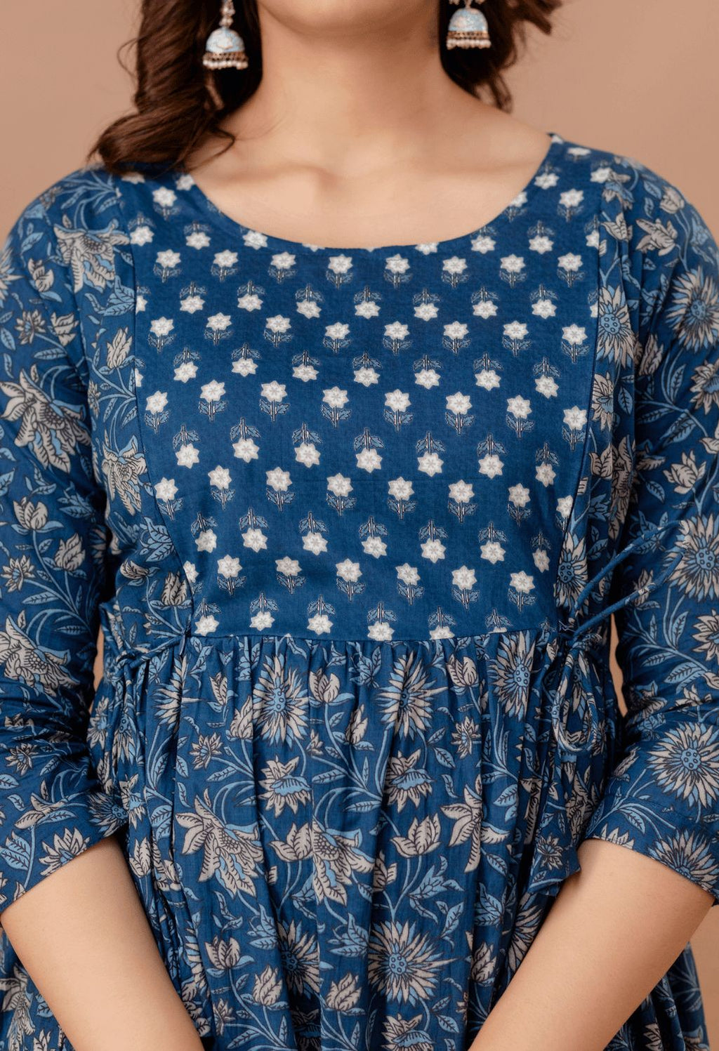 Dusty Blue Floral Printed Viscose Rayon Maternity & Feeding Maxi Dress