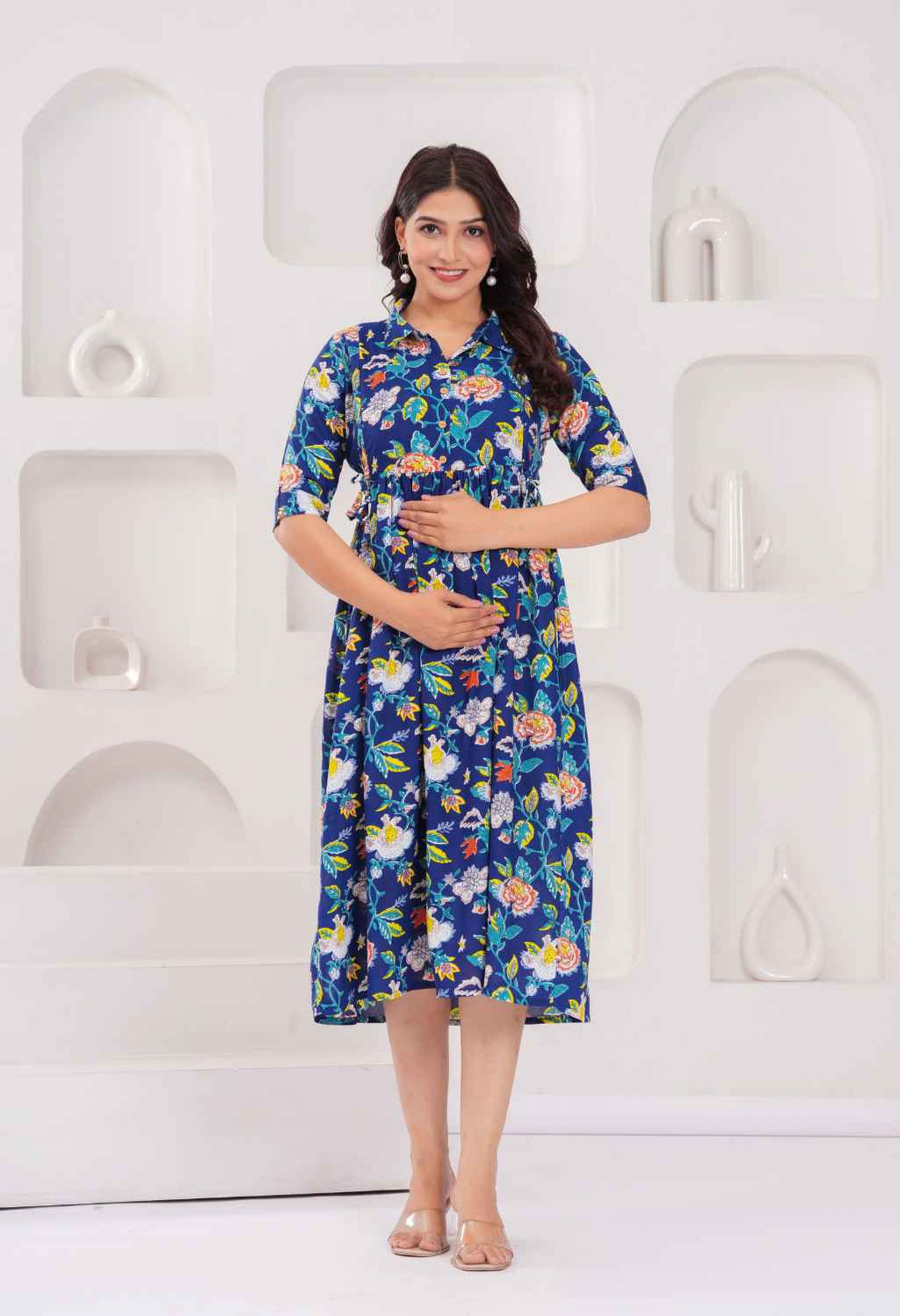 Navy Blue Floral Printed Collared Viscose Rayon Maternity & Feeding Midi Dress