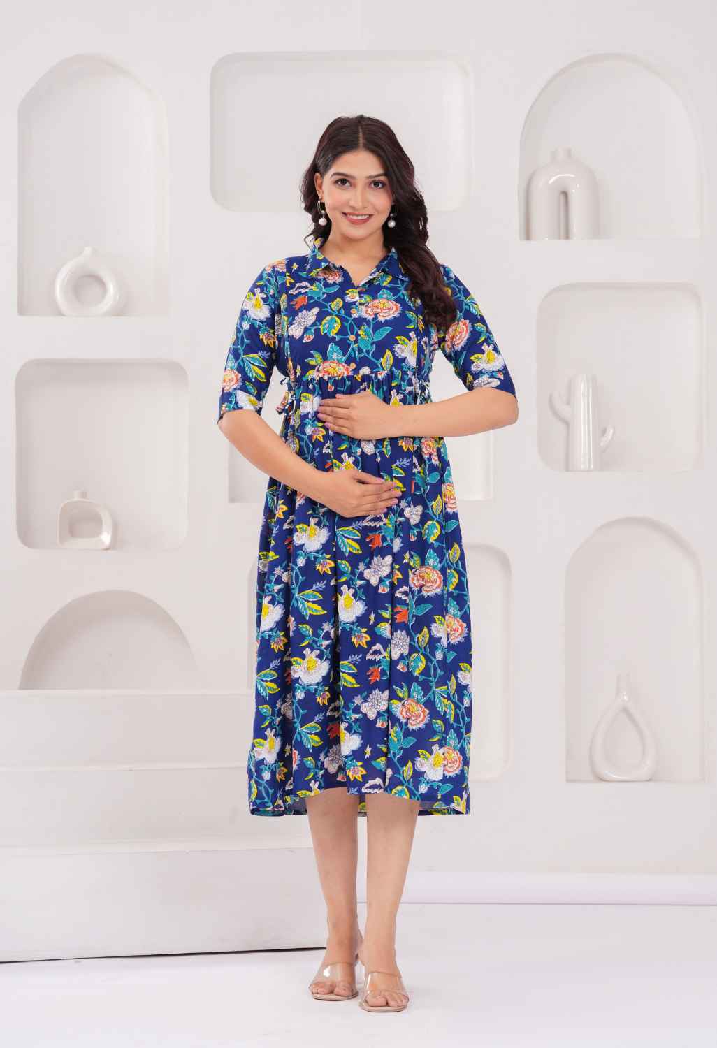 Navy Blue Floral Printed Collared Viscose Rayon Maternity & Feeding Midi Dress