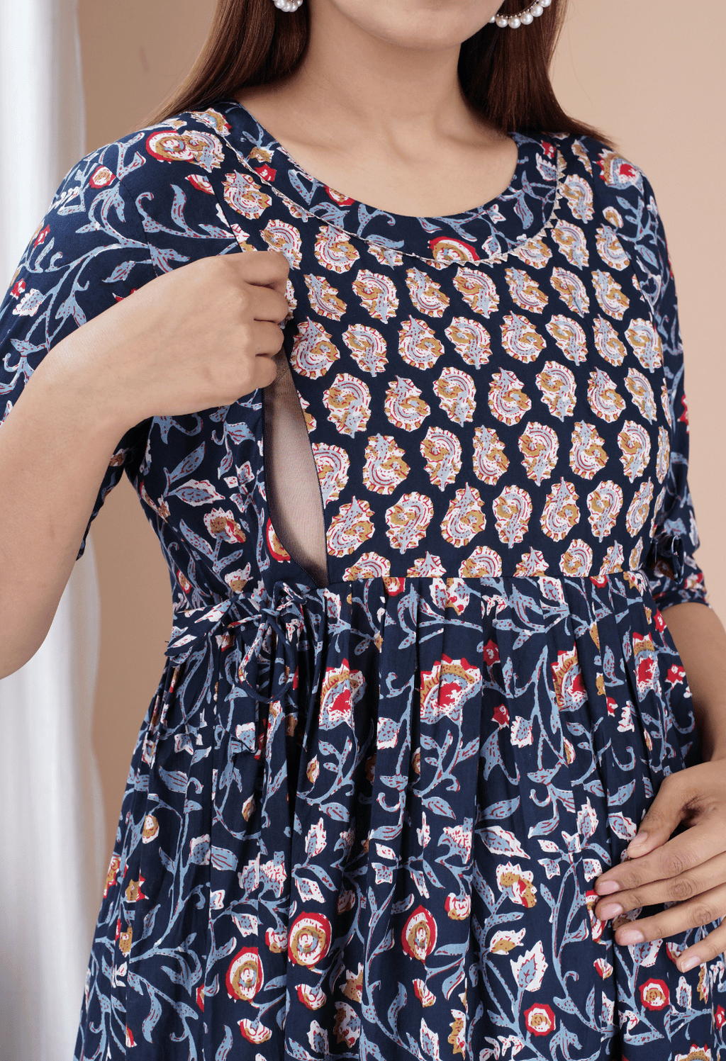 Navy Blue Floral Printed Viscose Rayon Maternity & Feeding Midi Dress