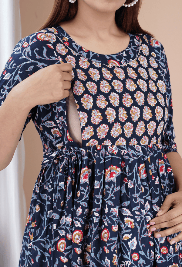 Navy Blue Floral Printed Viscose Rayon Maternity & Feeding Midi Dress