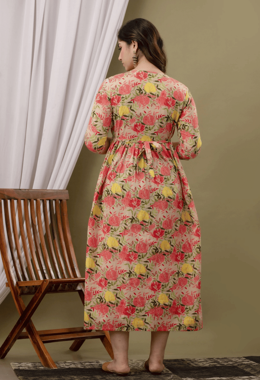 Beige Floral Printed Viscose Rayon Maternity & Feeding Maxi Dress