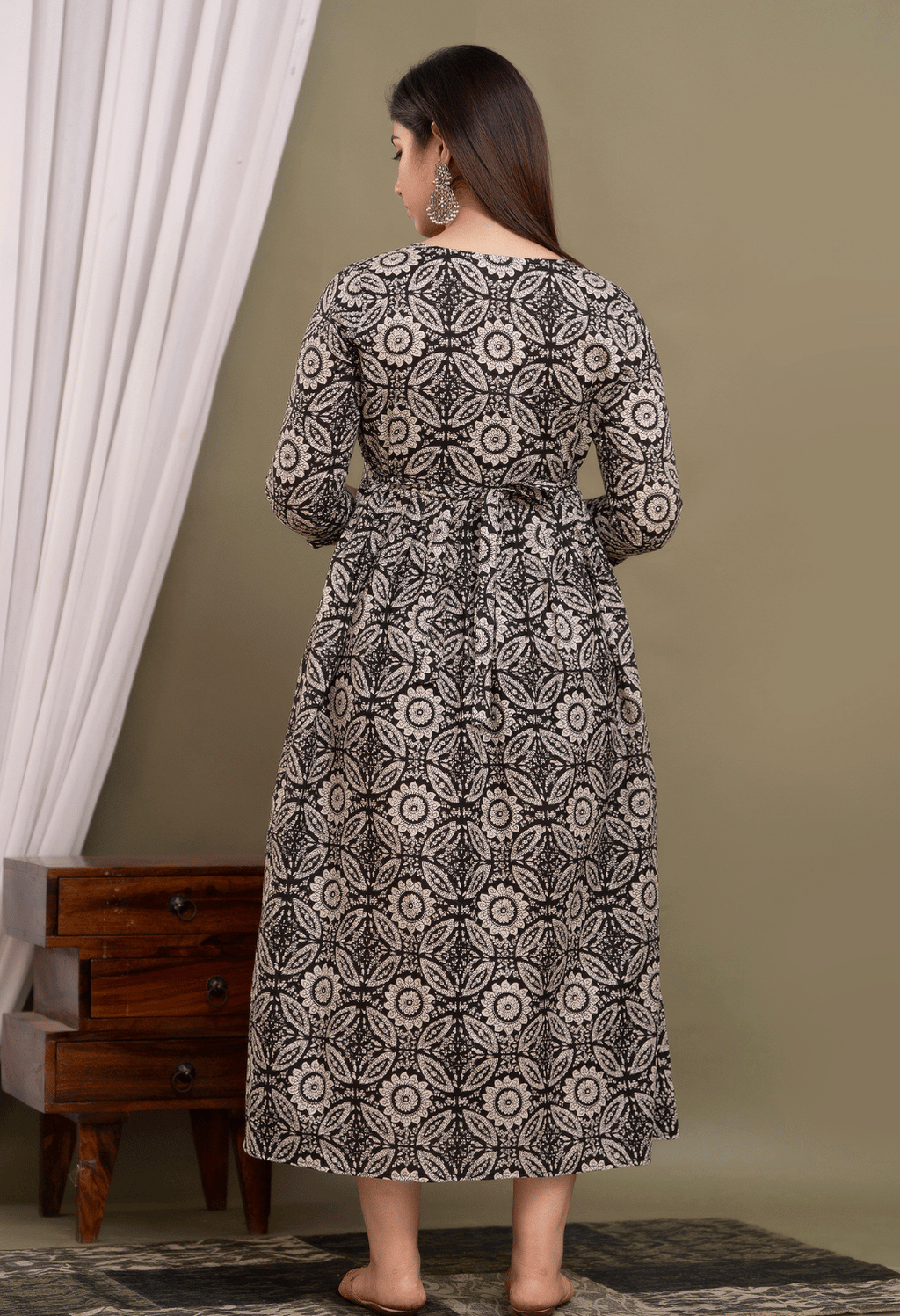 Black Floral Printed Viscose Rayon Maternity & Feeding Maxi Dress