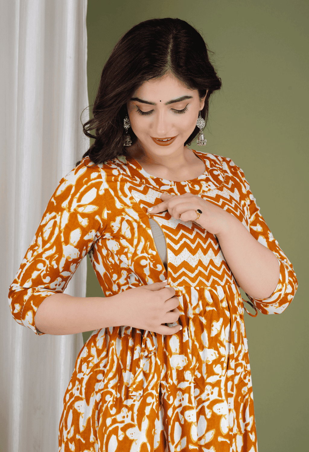 Orange & White Abstract Printed Viscose Rayon Maternity & Feeding Midi Dress