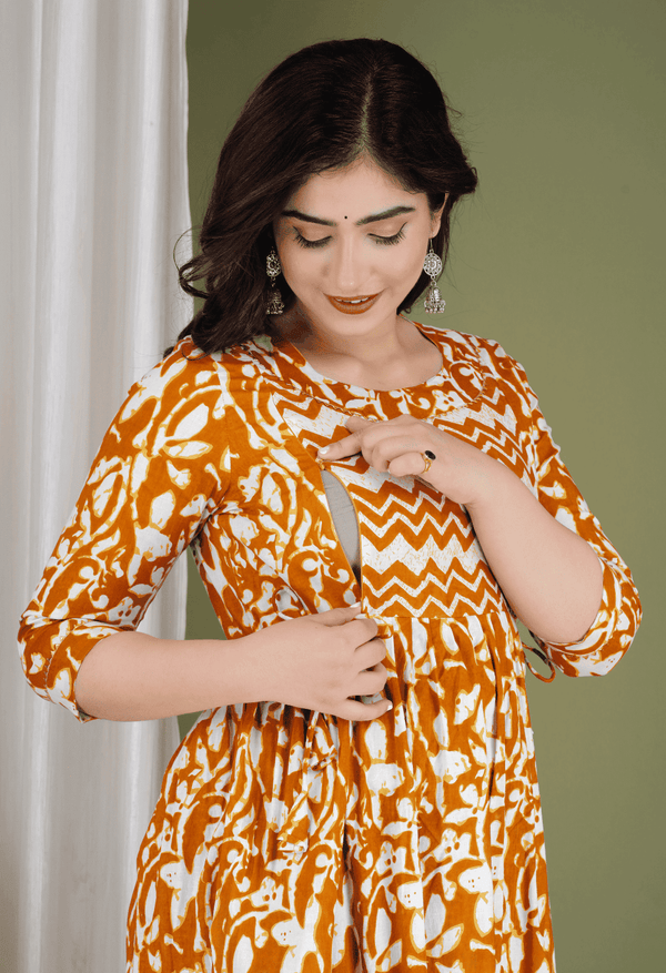 Orange & White Abstract Printed Viscose Rayon Maternity & Feeding Midi Dress