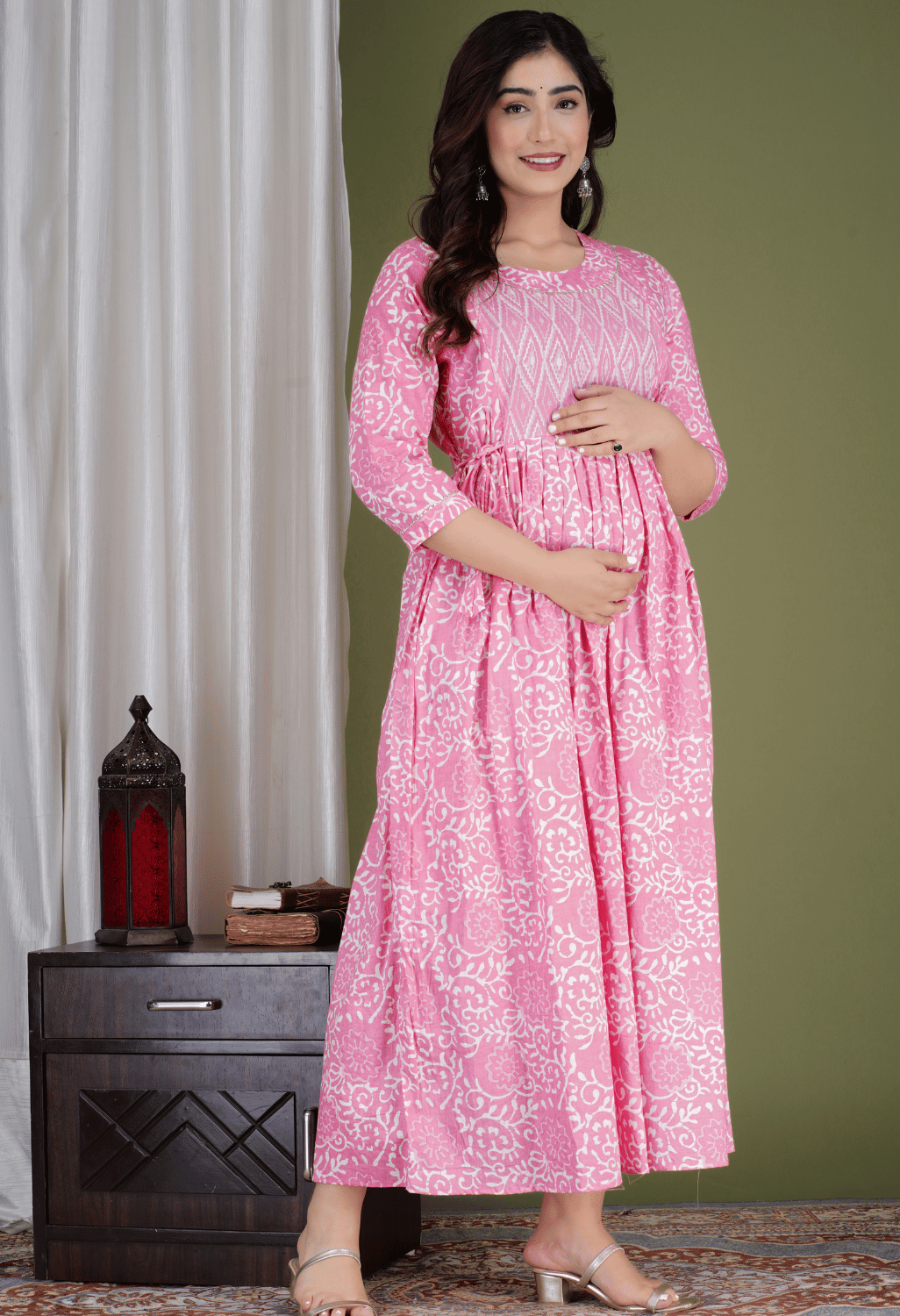 Pink & White Floral Printed Viscose Rayon Maternity & Feeding Midi Dress