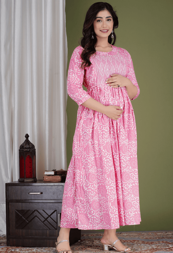 Pink & White Floral Printed Viscose Rayon Maternity & Feeding Midi Dress