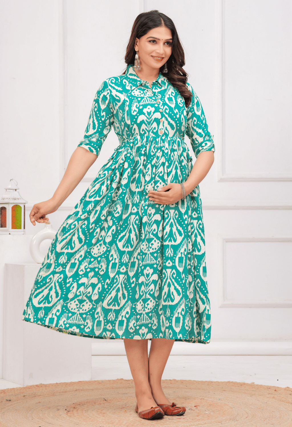 Teal Green Ikat Printed Collared Viscose Rayon Maternity & Feeding Midi Dress