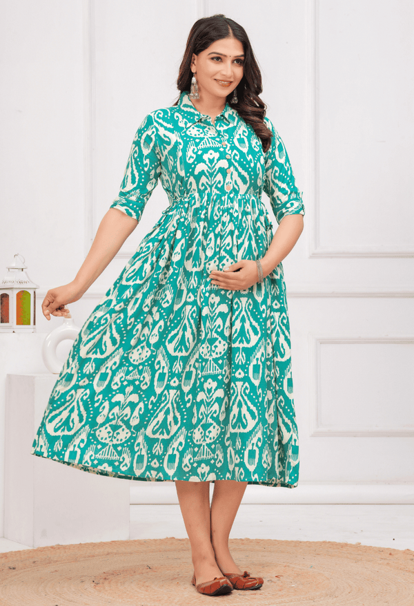 Teal Green Ikat Printed Collared Viscose Rayon Maternity & Feeding Midi Dress