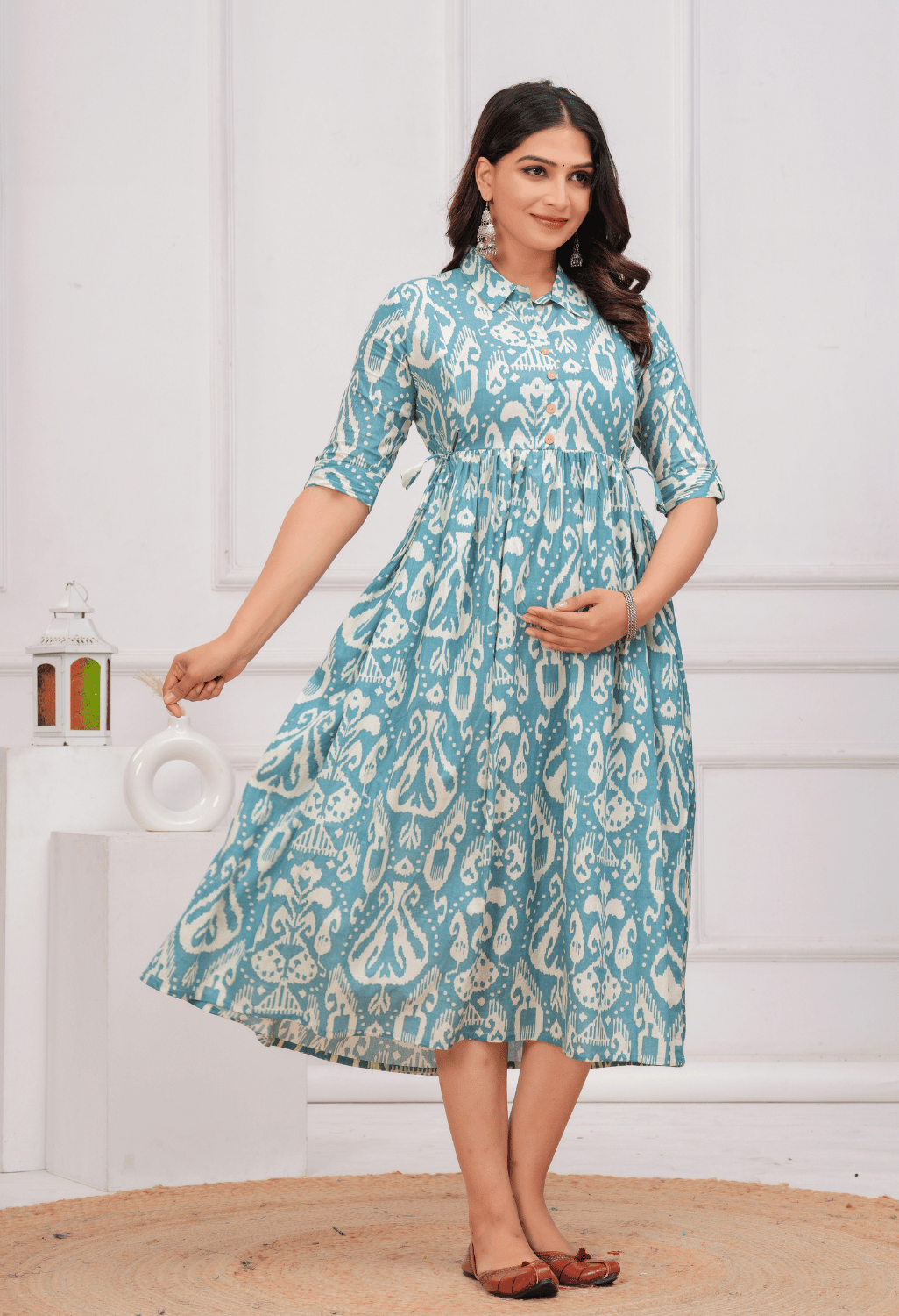 Sky Blue Ikat Printed Collared Viscose Rayon Maternity & Feeding Midi Dress Secondary image