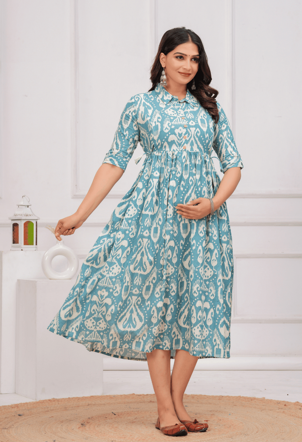 Sky Blue Ikat Printed Collared Viscose Rayon Maternity & Feeding Midi Dress