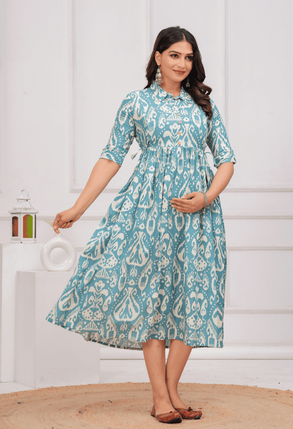 Sky Blue Ikat Printed Collared Viscose Rayon Maternity & Feeding Midi Dress