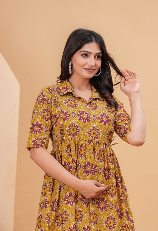 Mustard Ethnic Printed Collared Viscose Rayon Maternity & Feeding Midi Dress