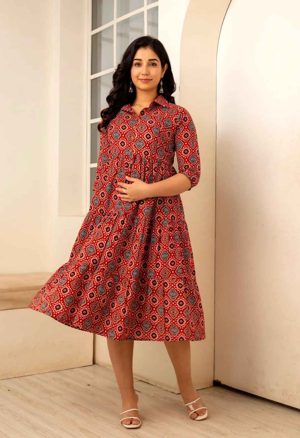 Maroon Geometric Printed Collared Viscose Rayon Maternity & Feeding Midi Dress Secondary image