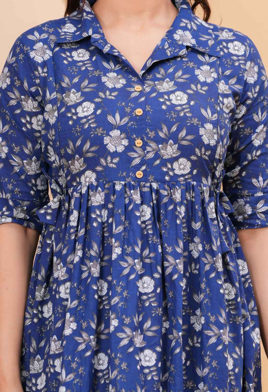 Indigo Floral Printed Collared Viscose Rayon Maternity & Feeding Midi Dress