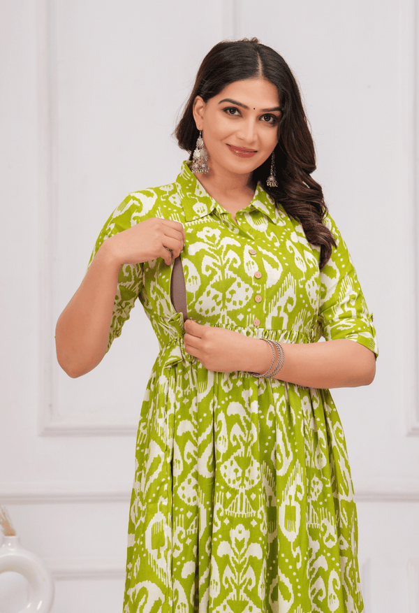 Lime Green Ikat Printed Collared Viscose Rayon Maternity & Feeding Midi Dress