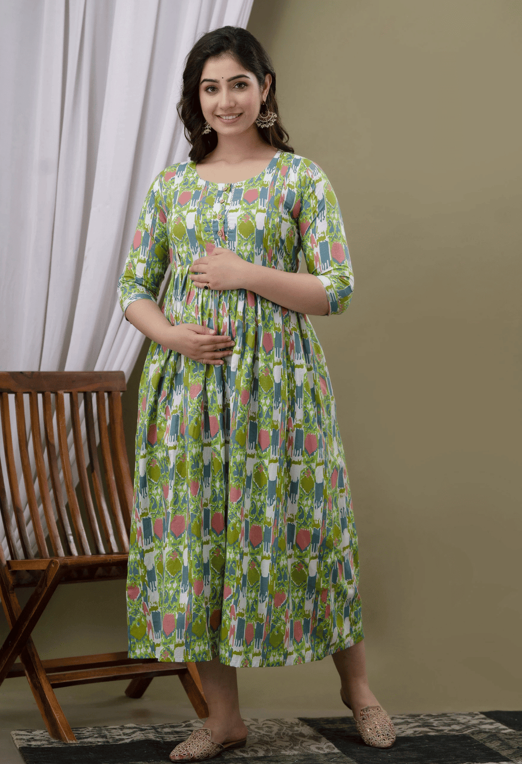 Sage Green Abstract Printed Viscose Rayon Maternity & Feeding Maxi Dress