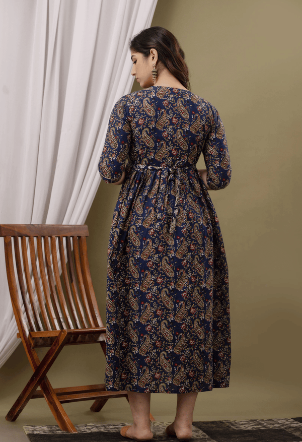 Navy Blue Paisley Printed Viscose Rayon Maternity & Feeding Maxi Dress