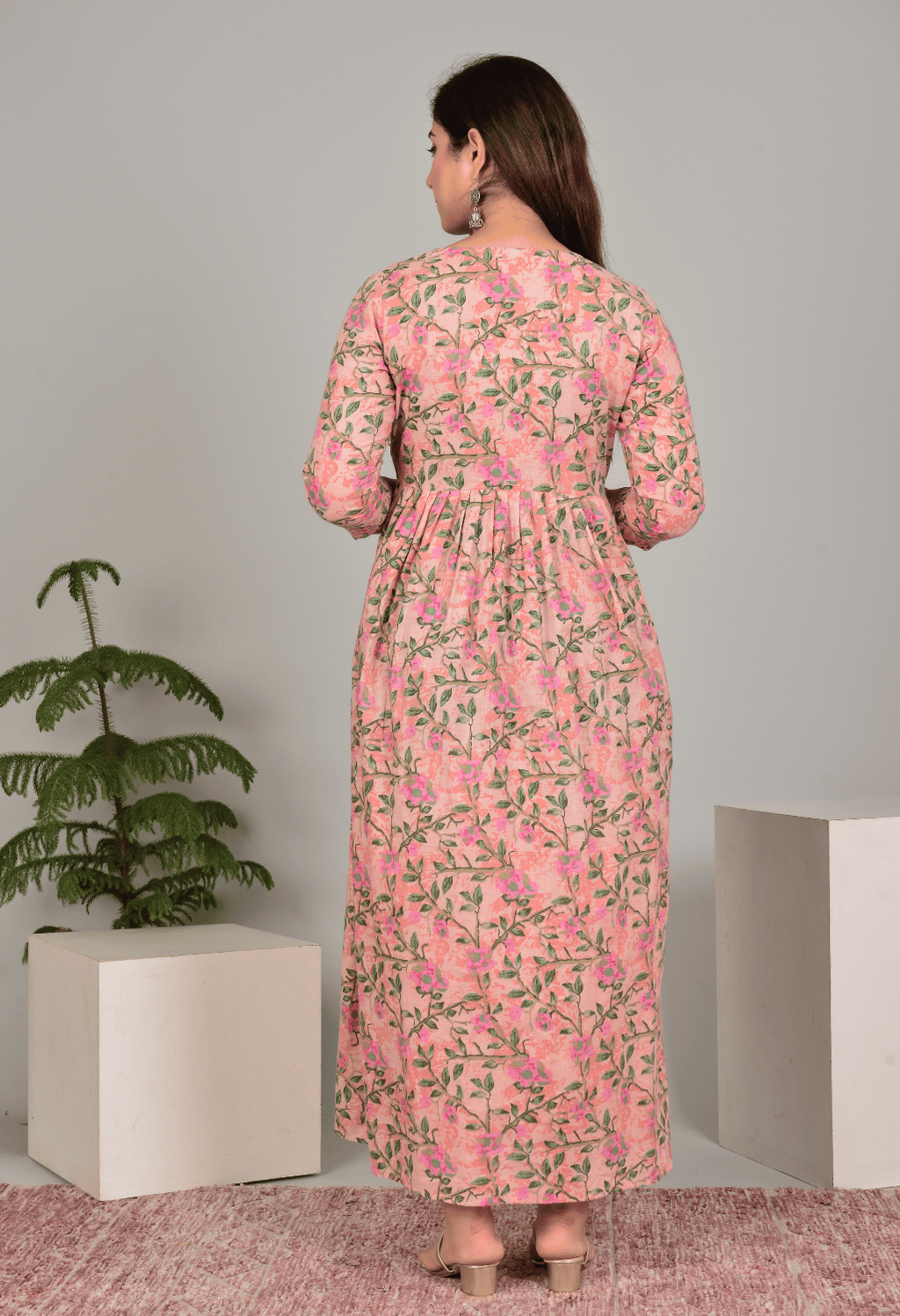 Peach Floral Printed Viscose Rayon Maternity & Feeding Maxi Dress