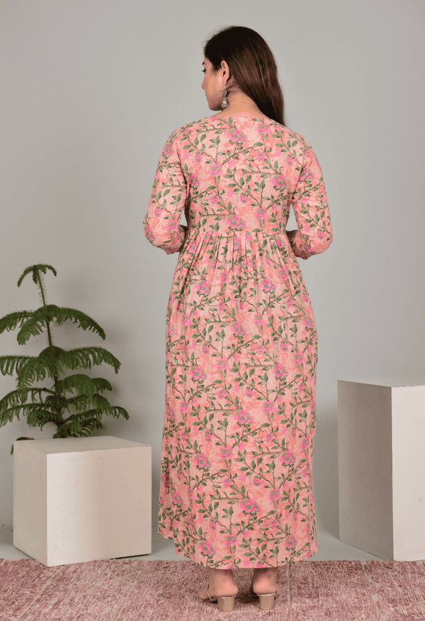 Peach Floral Printed Viscose Rayon Maternity & Feeding Maxi Dress
