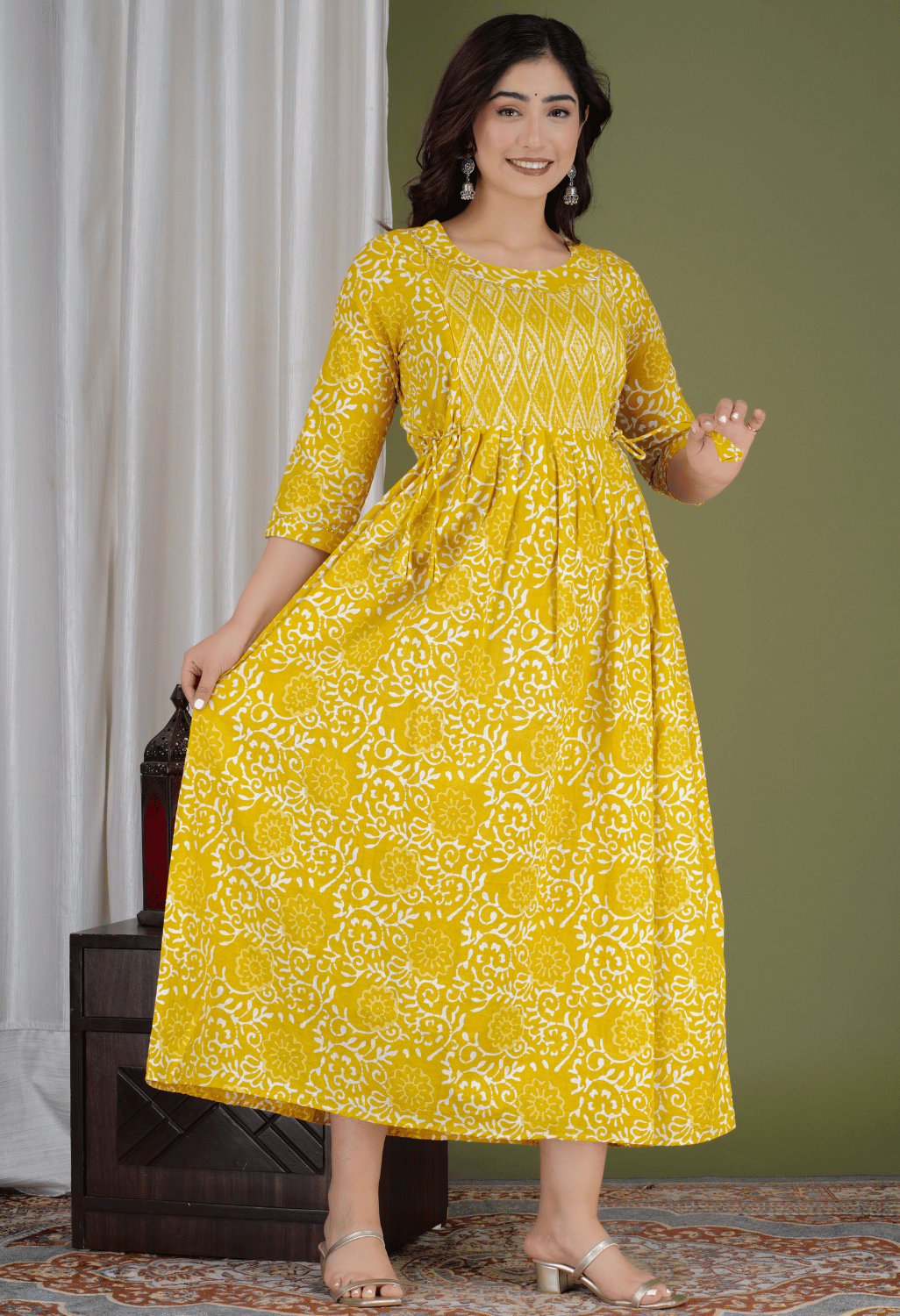 Mustard Yellow Floral Printed Viscose Rayon Maternity & Feeding Maxi Dress