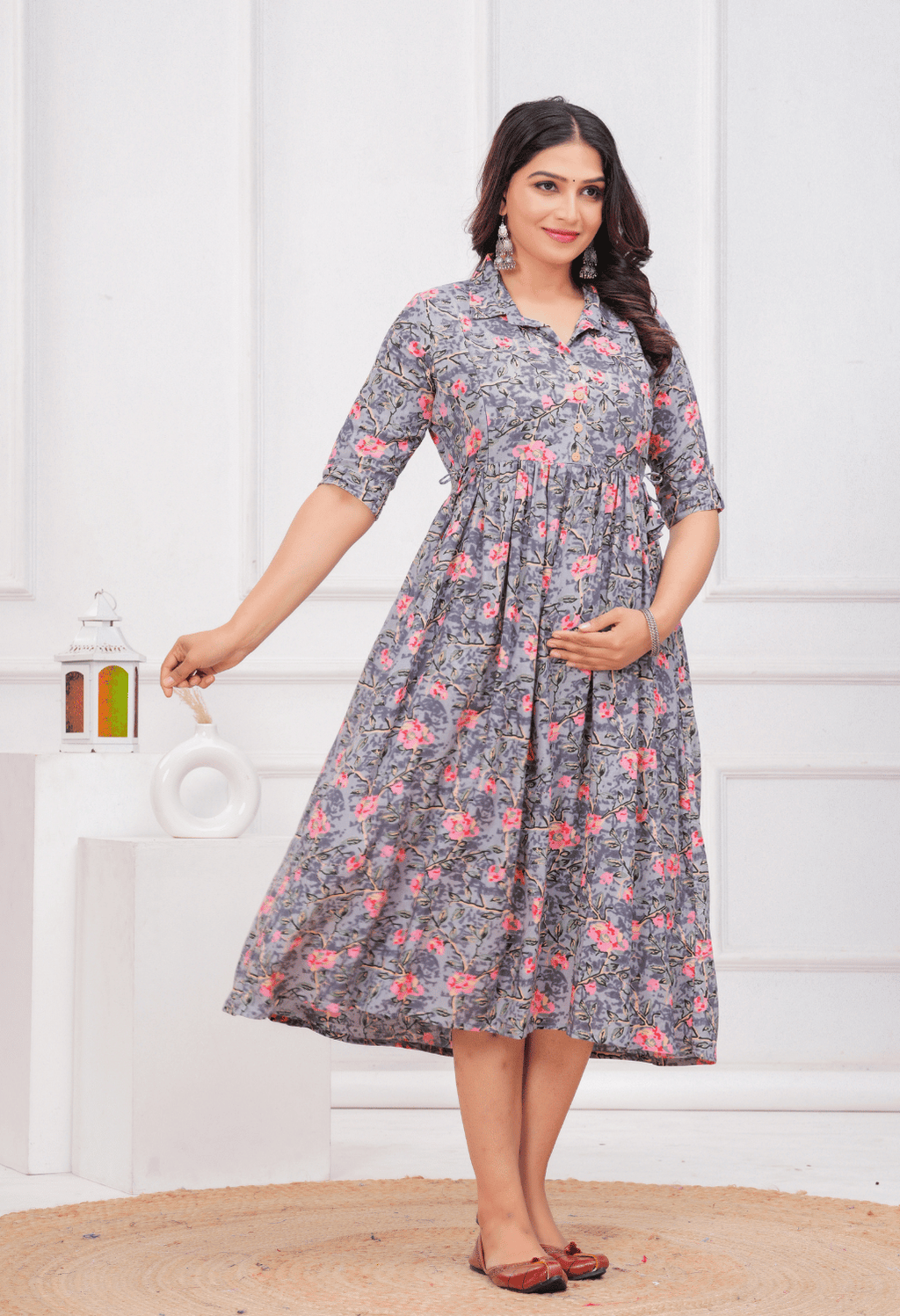 Grey Floral Printed Collared Viscose Rayon Maternity & Feeding Midi Dress
