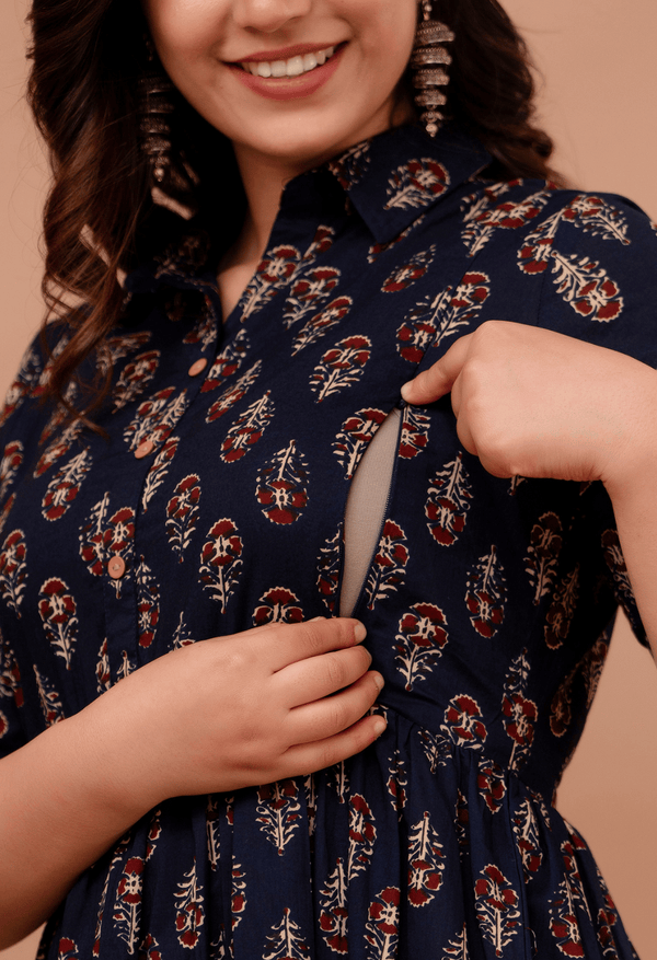 Navy Blue Buta Printed Collared Viscose Rayon Maternity & Feeding Midi Dress