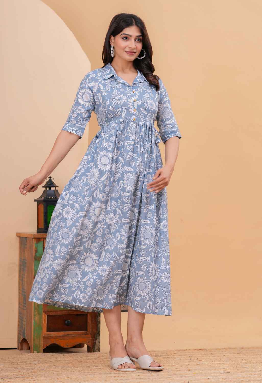 Bloom Mist Blue Floral Printed Collared Viscose Rayon Maternity & Feeding Midi Dress Secondary image