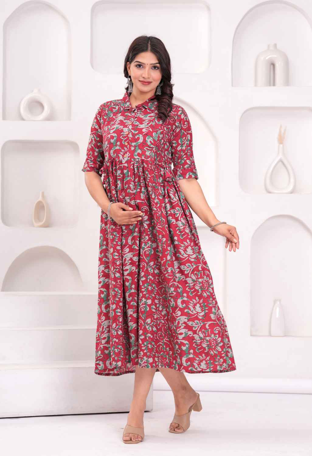 Rose Pink Floral Printed Collared Viscose Rayon Maternity & Feeding Midi Dress
