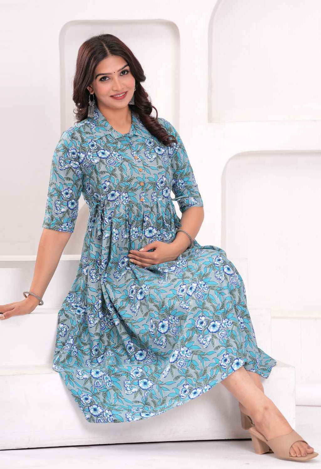 Sky Blue Floral Printed Collared Viscose Rayon Maternity & Feeding Midi Dress