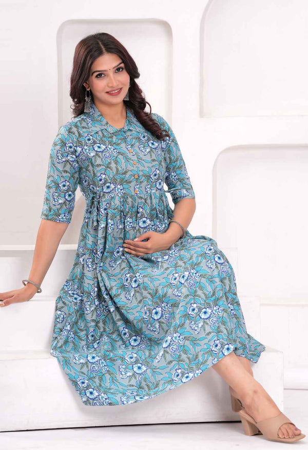 Sky Blue Floral Printed Collared Viscose Rayon Maternity & Feeding Midi Dress