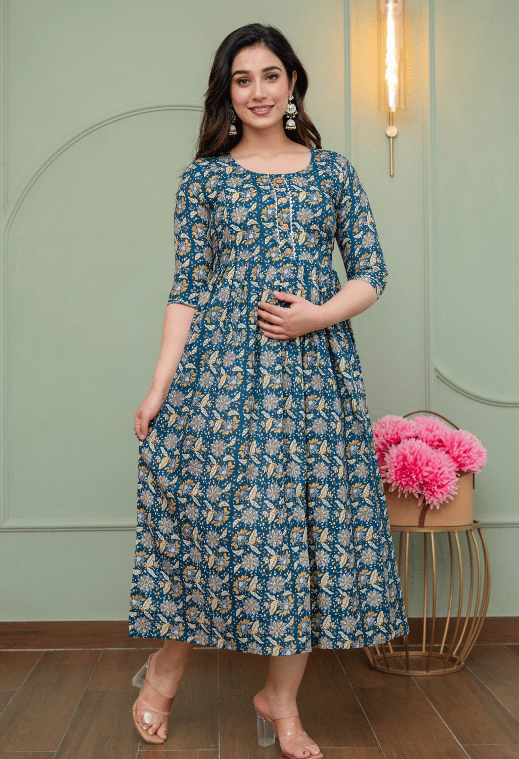 Teal Blue Vintage Floral Printed Viscose Rayon Maternity & Feeding Maxi Dress