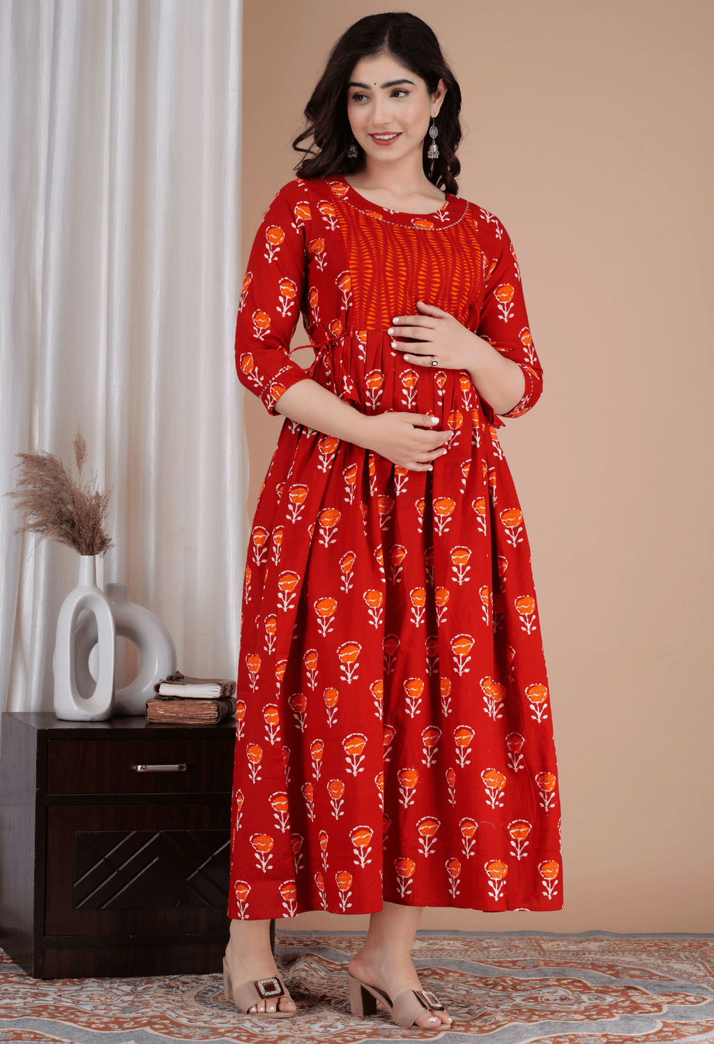 Brick Red Floral Printed Viscose Rayon Maternity & Feeding Maxi Dress