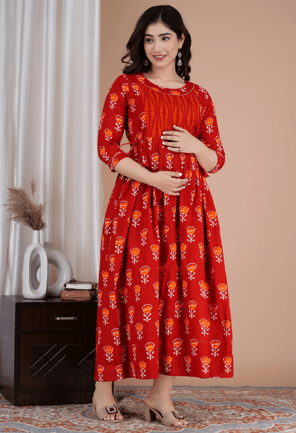 Brick Red Floral Printed Viscose Rayon Maternity & Feeding Maxi Dress