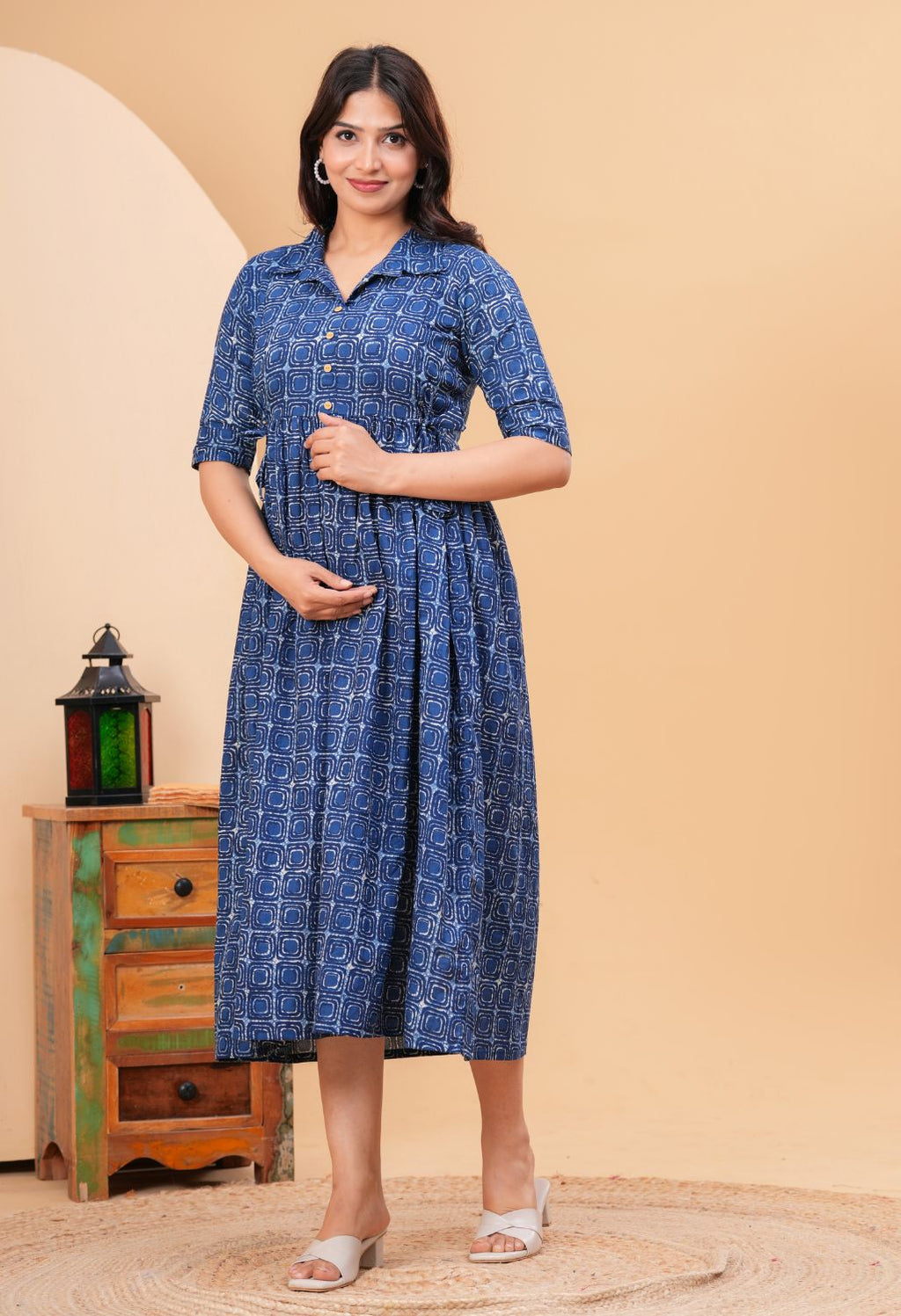 Indigo Geometric Printed Collared Viscose Rayon Maternity & Feeding Midi Dress