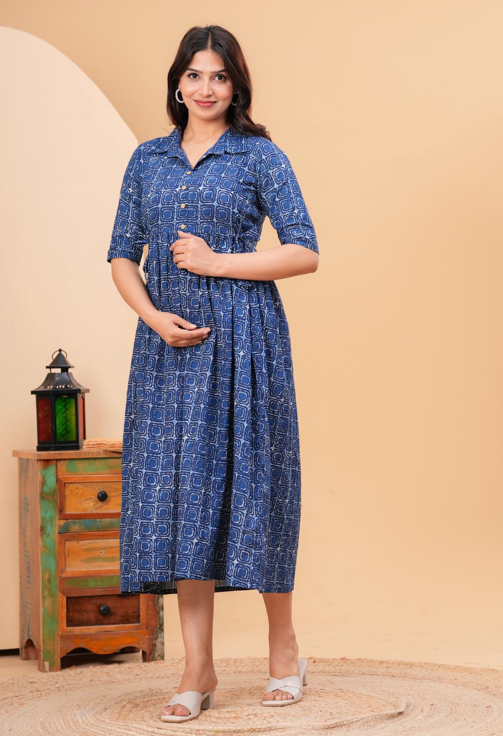 Indigo Geometric Printed Collared Viscose Rayon Maternity & Feeding Midi Dress
