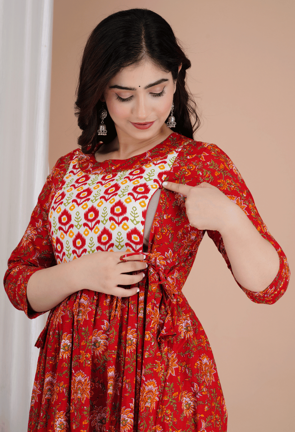 Rust Red Floral Printed Viscose Rayon Maternity & Feeding Maxi Dress