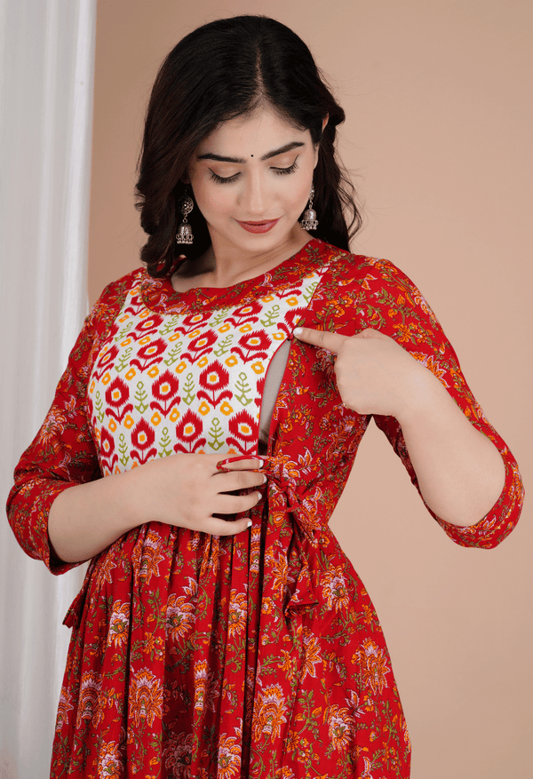 Rust Red Floral Printed Viscose Rayon Maternity & Feeding Maxi Dress