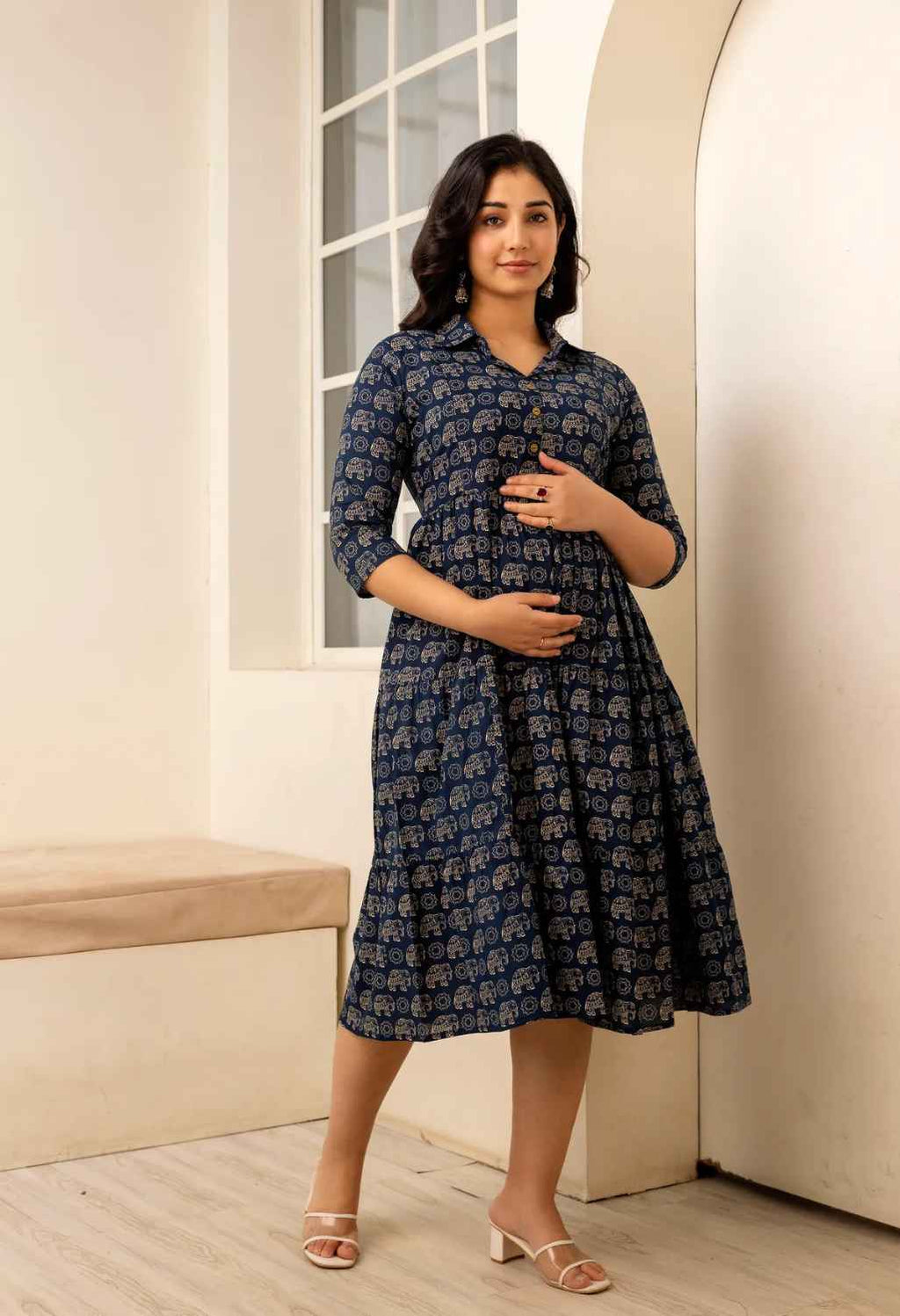 Navy Blue Elephant Printed Collared Viscose Rayon Maternity & Feeding Midi Dress