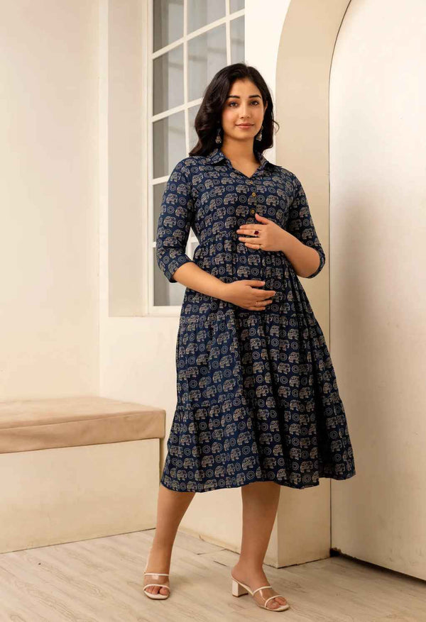Navy Blue Elephant Printed Collared Viscose Rayon Maternity & Feeding Midi Dress